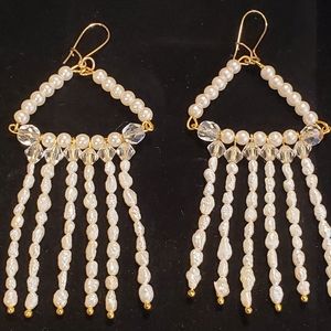 Rice Freshwater Pearl Dangle Swarovski Crystal Earrings